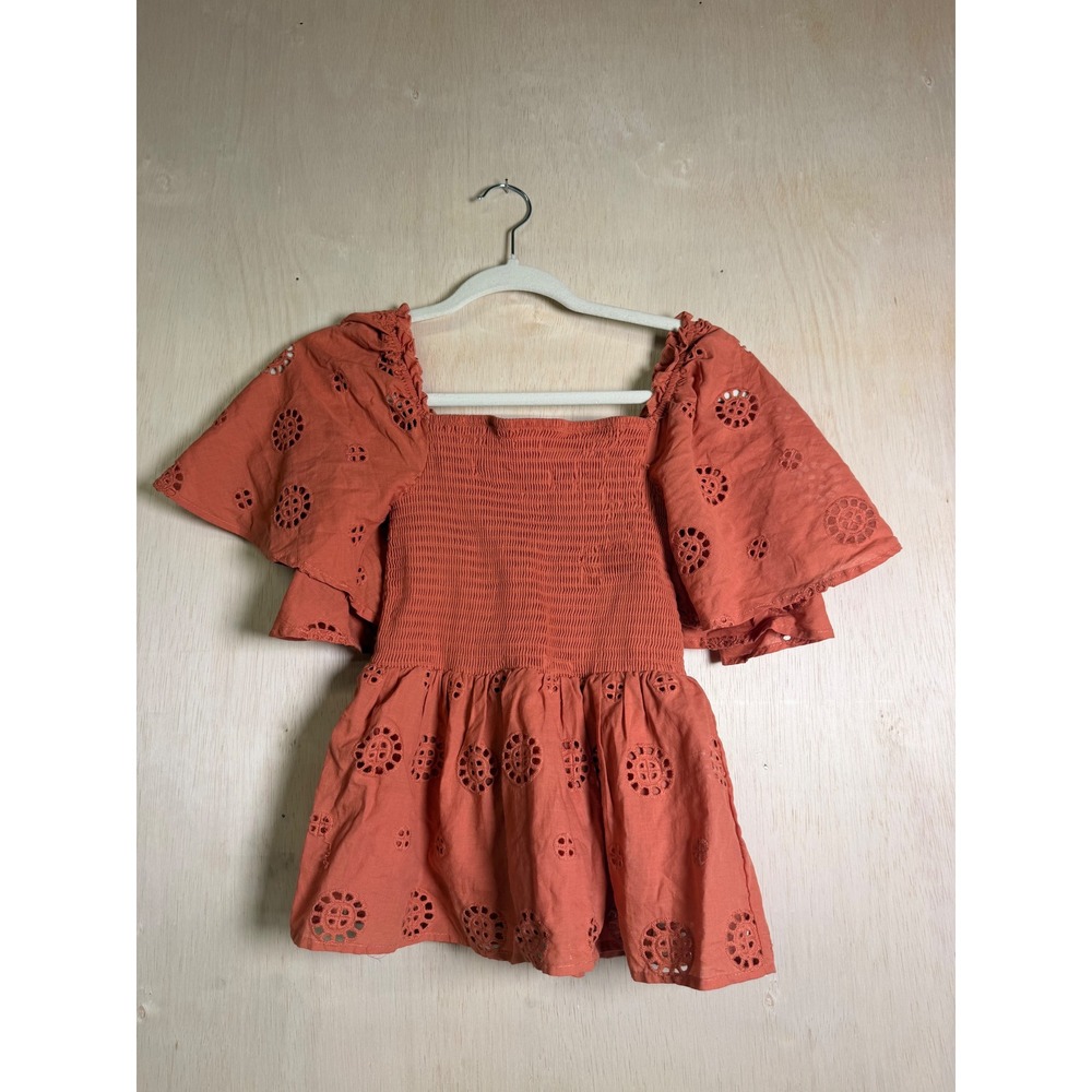C+A Los Angeles Eyelet Peplum Top Womens Small Terracotta Excellent Smocked Boho